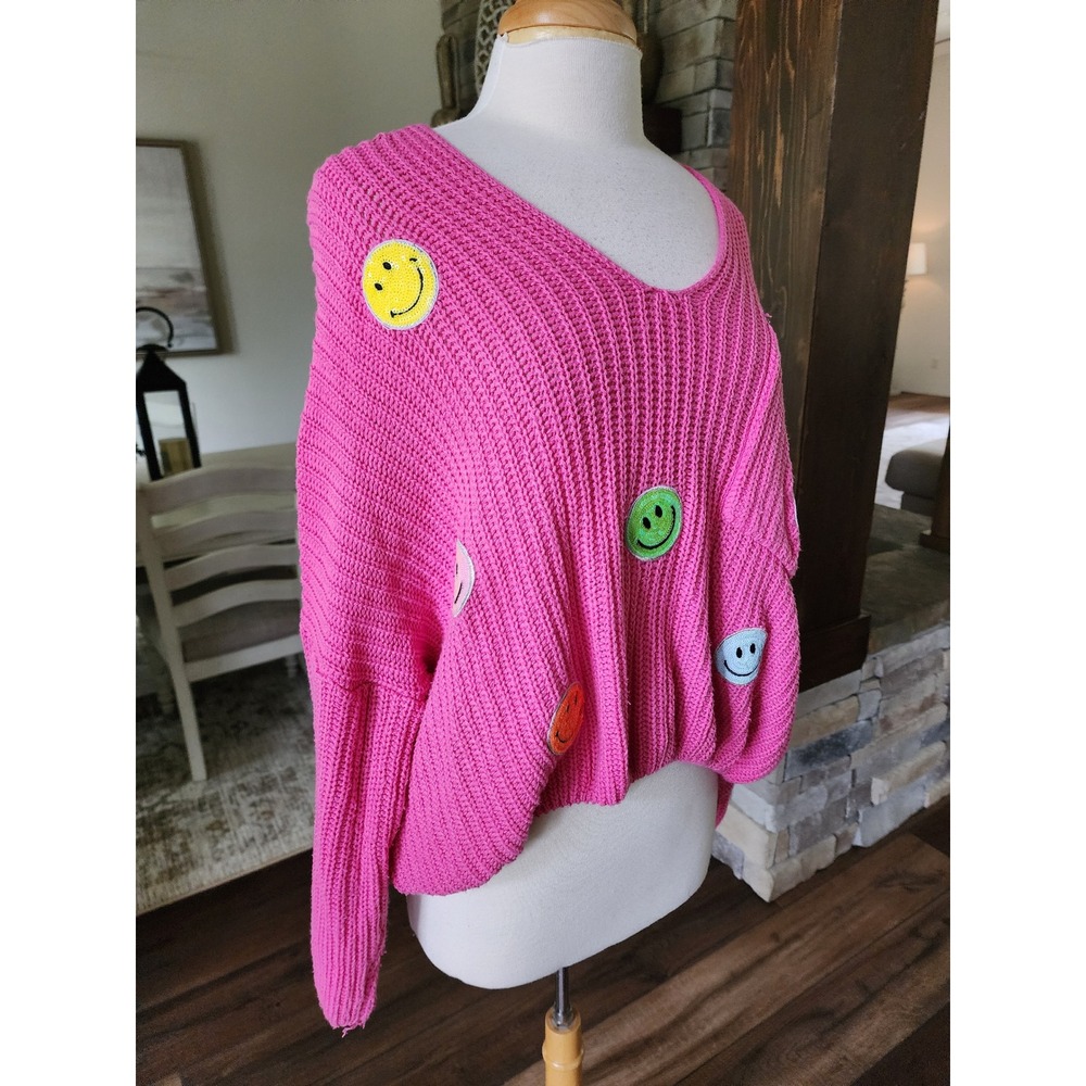 Judith March Hot Pink Smiley Face Sequin Patch Oversized Knit Sweater M/L - Picture 3 of 9